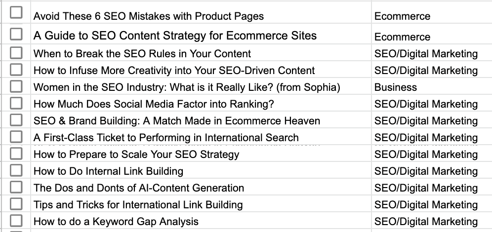 Screenshot of a list of SEO blog topics organized in spreadsheets