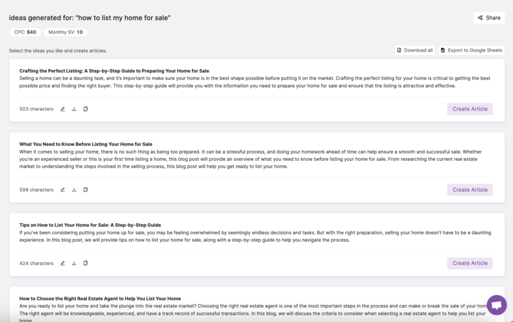 Screenshot of blog topics for “how to list my home for sale” generated by the Content Ideas tool in SearchAtlas