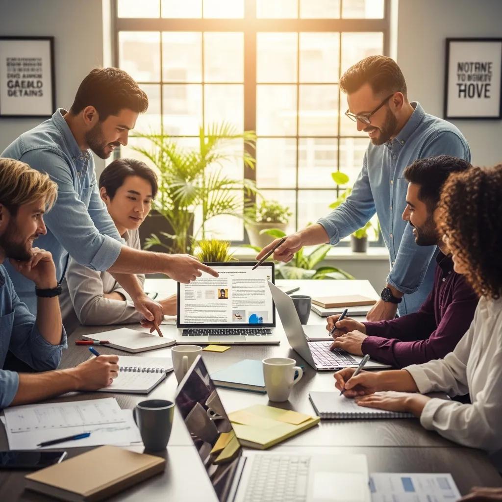Diverse professionals collaborating on content writing in a bright office setting