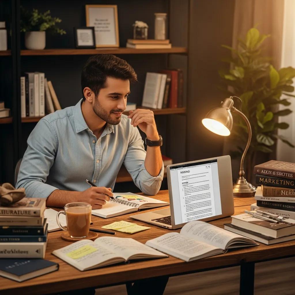 Professional content creator working in a cozy environment, emphasizing expertise and creativity